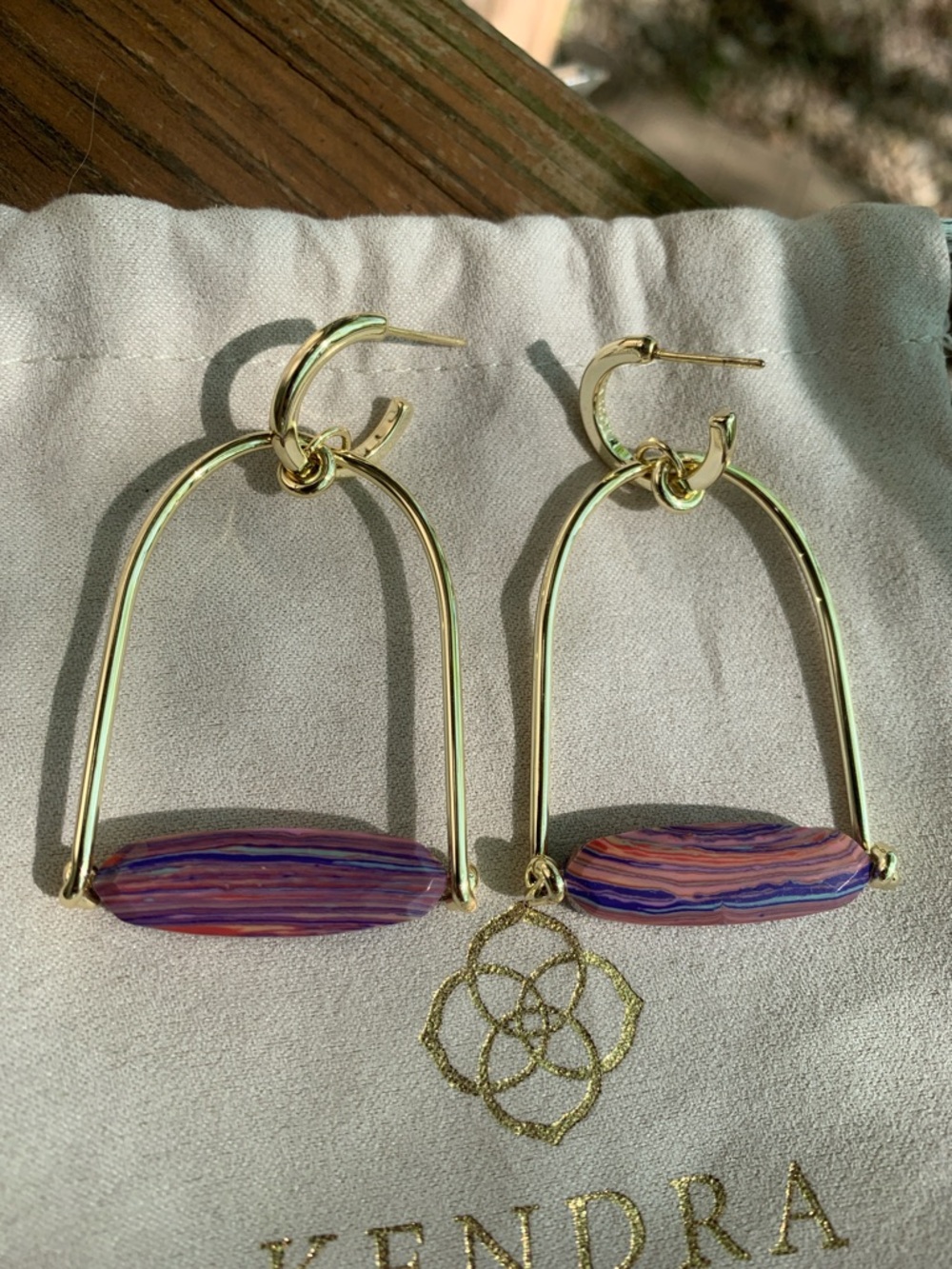 Kendra Scott Sassy Gold Drop Earrings Purple, Pink & Blue Striped Bead